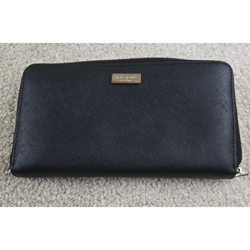 Kate Spade New York Black Zip Around Continental Wallet Gold Tone Stripe Lining